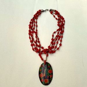 Red Beaded Necklace with Delicate Mother of Pearl Hand painted Flowers
